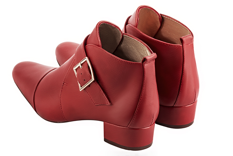 Women's scarlet red elegant ankle boots, with buckles at the front. Round toe. Low block heels - Rear view